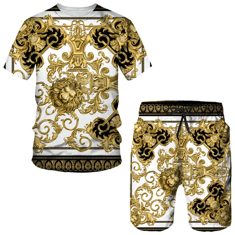 

Summer olden Lion Statue Pattern 3D Print Men's T Sirt/Sorts/Suit Baroque Style Sort Sleeve Tracksuit ip op Streetwear Set