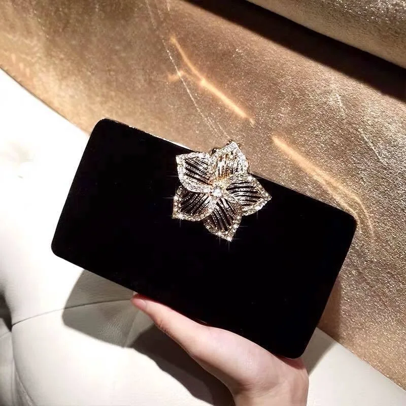 

Velvet Luxury Women Evening Bags Shining Rhinestone Flower Clutch Party Lady Designer Dress Shoulder Chain Handbags for Purse