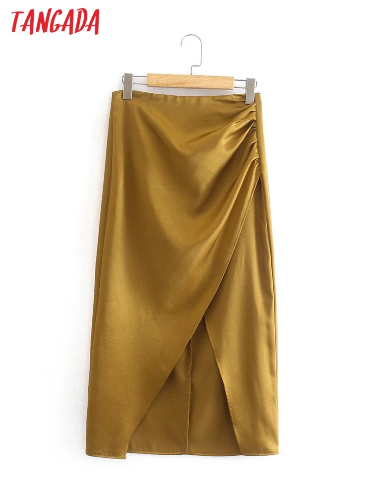 

Tangada women satin zipper midi skirt faldas mujer vintage office ladies elegant chic mid calf skirts 2XN07