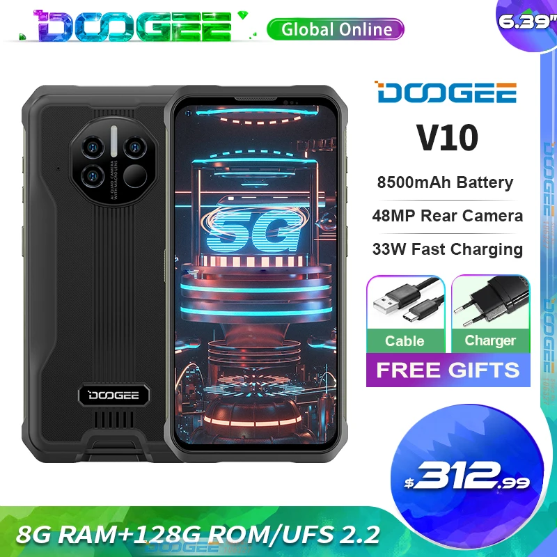 

Смартфон DOOGEE V10, упрочненный телефон, дисплей 6,39 дюйма, Android 11, быстрая зарядка 33 Вт, задняя камера 48 МП, аккумулятор 8500 мАч, NFC