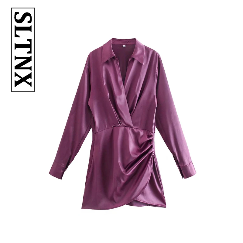 

SLTNX New Women's Small Dress Skirt Fashion All-Match V-Neck Long-Sleeved Waist Silk Satin Texture Pleated Slim Short Dress