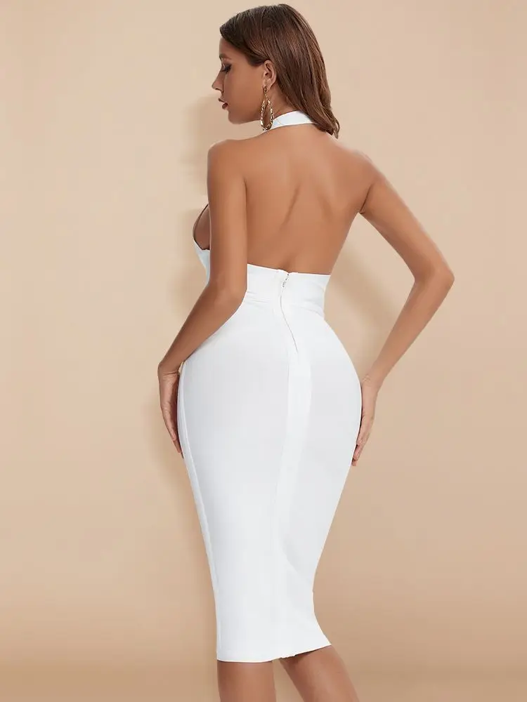 Женское облегающее платье BEAUKEY белое черное с V-образным вырезом лямкой через шею