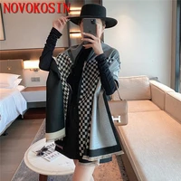 2022 fashion black grey thick faux cashmere houndstooth plaid scarf women autumn winter outside streetwear long shawl warm ring