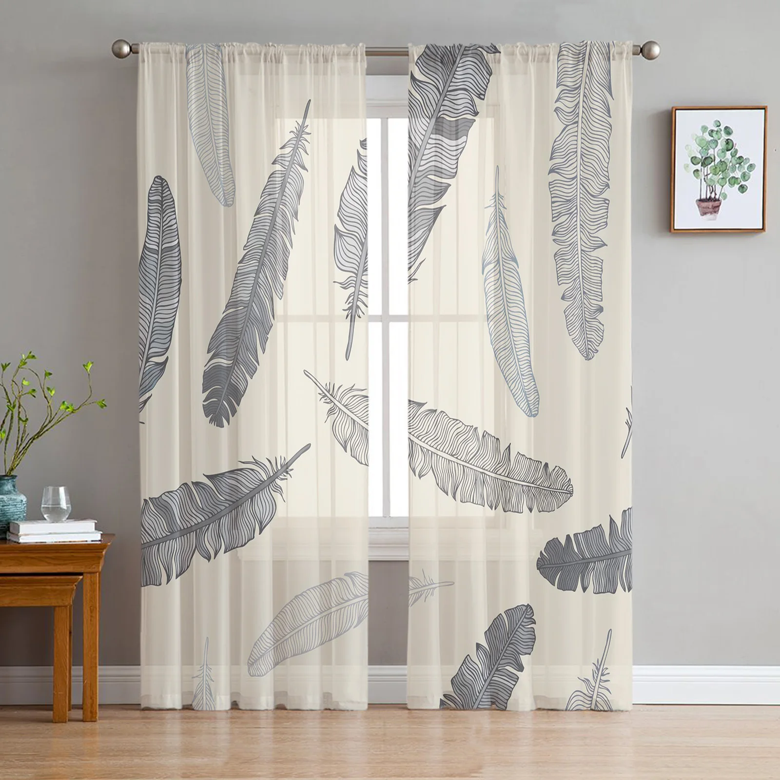 

Grey Feather Retro Voile Curtains for Bedroom Home Party Decor Living Room Sheer Curtains Chiffon Tulle Window Drapes