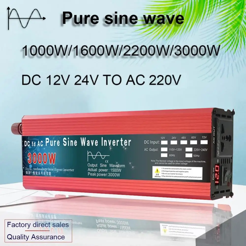 

Car Power Inverter DC12V/24V To AC 220V 50HZ 1000W/1600W/2200W Pure Sine Wave Transformer Car Solar Inverter With LED Display