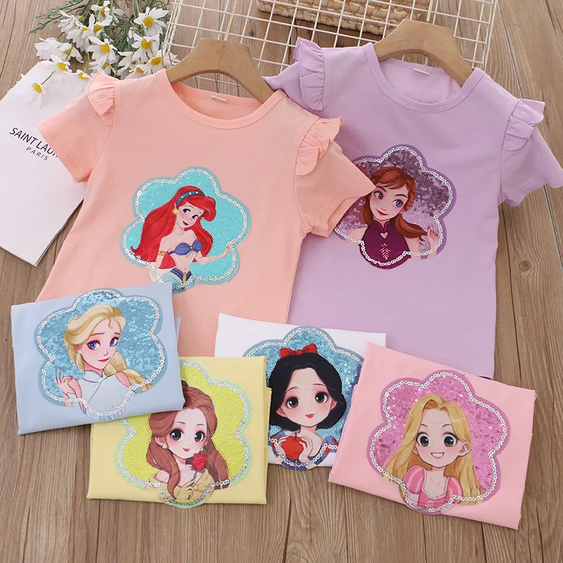 

Летняя Новинка детская одежда принцессы Анна Эльза Ариэль Белль футболка с коротким рукавом для девочек Футболка с блестками хлопковая футболка детская одежда