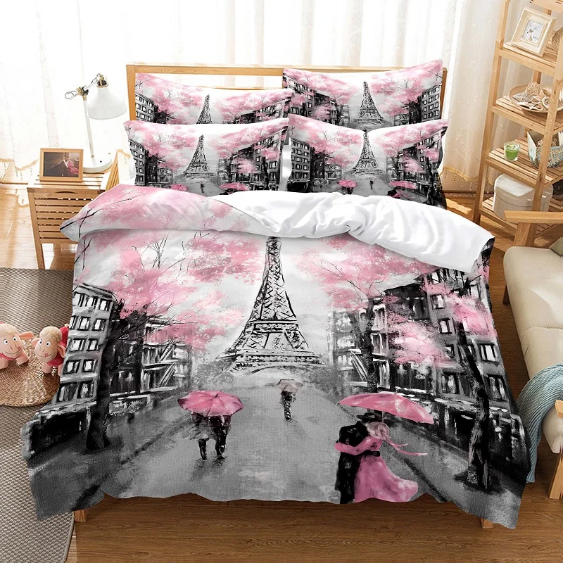 

Eiffel Tower Duvet Cover Romantic Couple Flower King Comforter Cover Microfiber France Paris Cityscape Bedding Set For Girl Teen