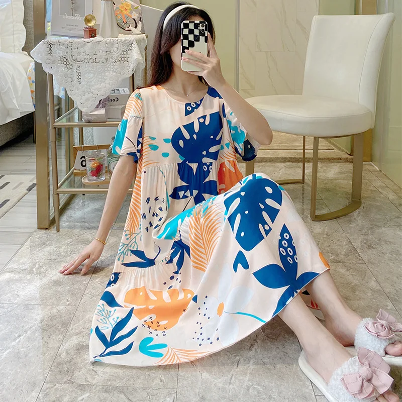 

Casual Crew Neck Night Printed Flower Nightgown Cotton Night Dress Short Sleeve Sleepdress Home Clothing Dress Homewear