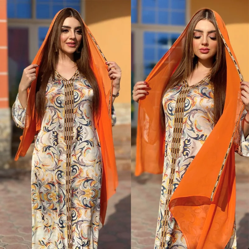 Модное мусульманское платье с цветочным принтом для женщин, Дубай, Арабская абайя, Дубай, Арабская, Турецкая, марокканская, кафтан, мусульма...