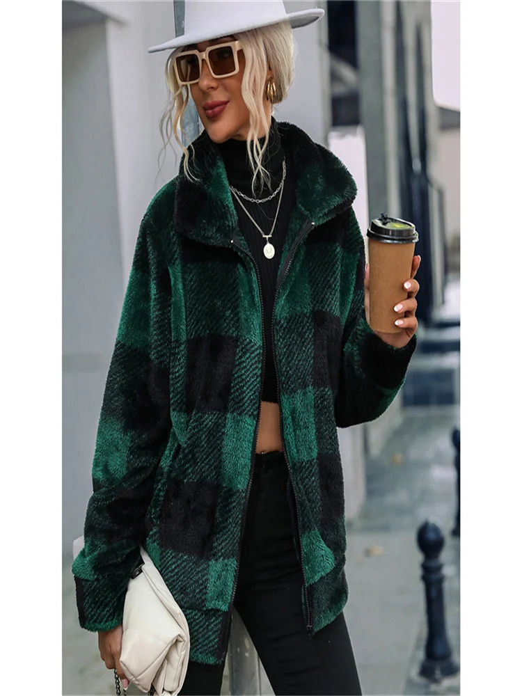 American Autumn and Winter Women's Long Sleeve Stand Collar Plaid Regular Medium Long Comfortable Casual Plush Zipper Fur Coat