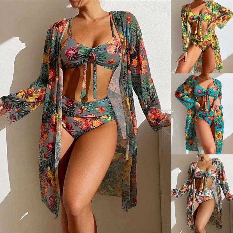 

2023 New Women 3 Pieces Swimsuits Lady High Waisted Bikinis Set Floral Printed Bathing Suit with Kimono Cover Up for Vacations