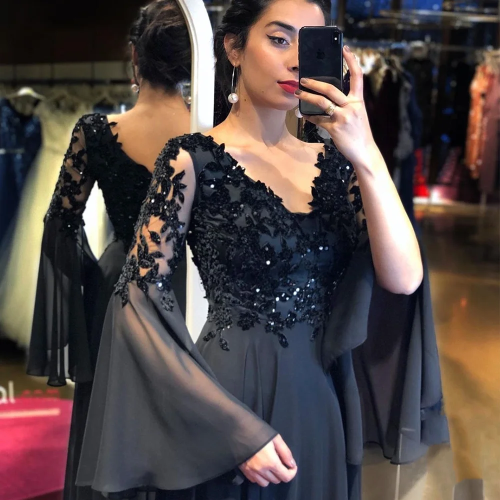 Купи Formal Evening Dress V-Neck Zipper Flare Lone Sleeves Lace Applique Prom Dress Floor Length A-Line Chiffon Robes De Soirée за 6,329 рублей в магазине AliExpress