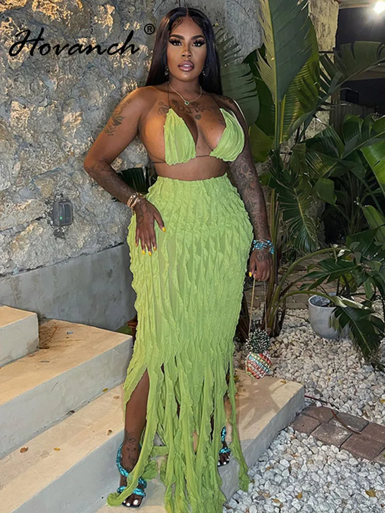 

Hovanch Solid Ruched Two Piece Set Women Sexy Halter Bandage Bra and Tassel High Waist Long Skirts Matching 2023 Vacation Outfit