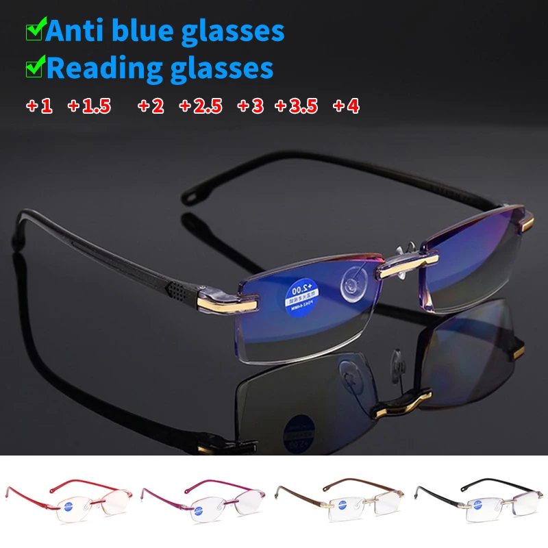 

Anti Blue Light Blocking Rimless Reading Glasses Women Men Square Frameless Presbyopic Glasses Diopters +1.0 1.5 2 2.5 4.0