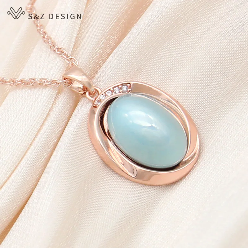 

S&Z DESIGN New 585 Rose Gold Color Egg Shape Simulated-pearl Pendant Necklace For Women Wedding Fashion Cubic Zirconia Jewelry
