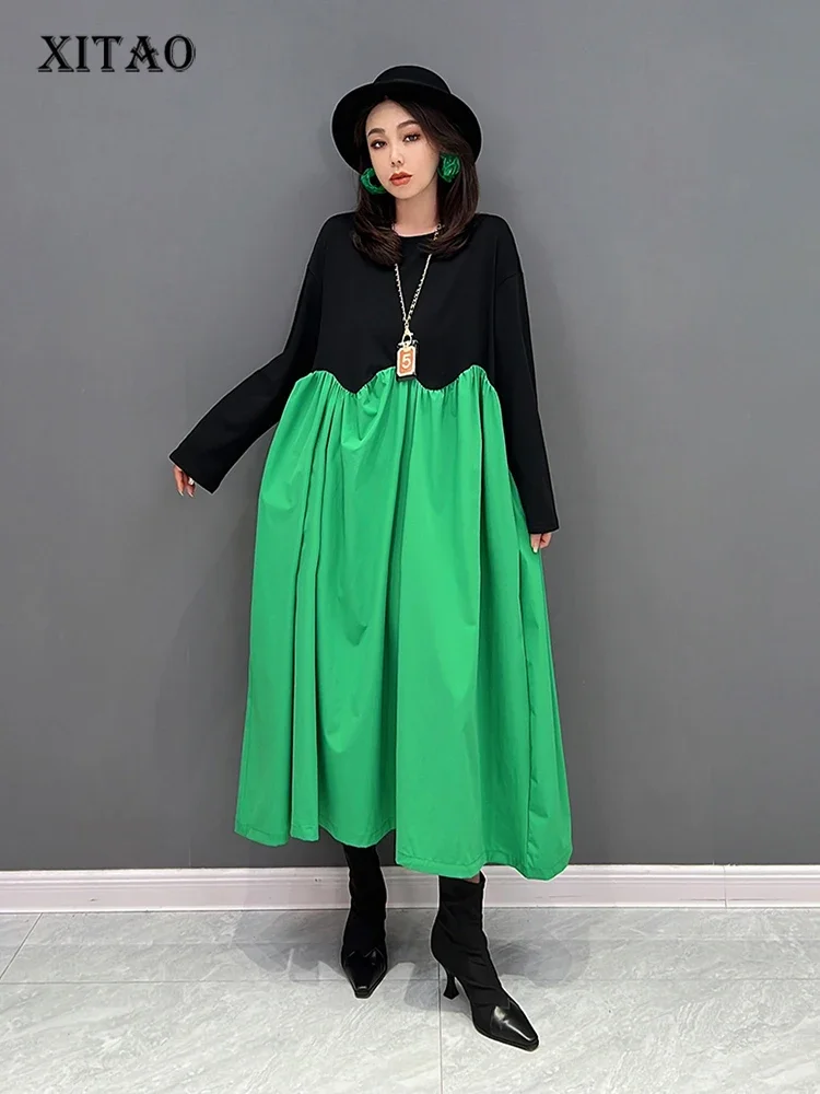 

XITAO модное повседневное свободное платье-футболка контрастного цвета с лоскутным подолом осеннее простое Новое Женское платье с длинным рукавом WLD9255