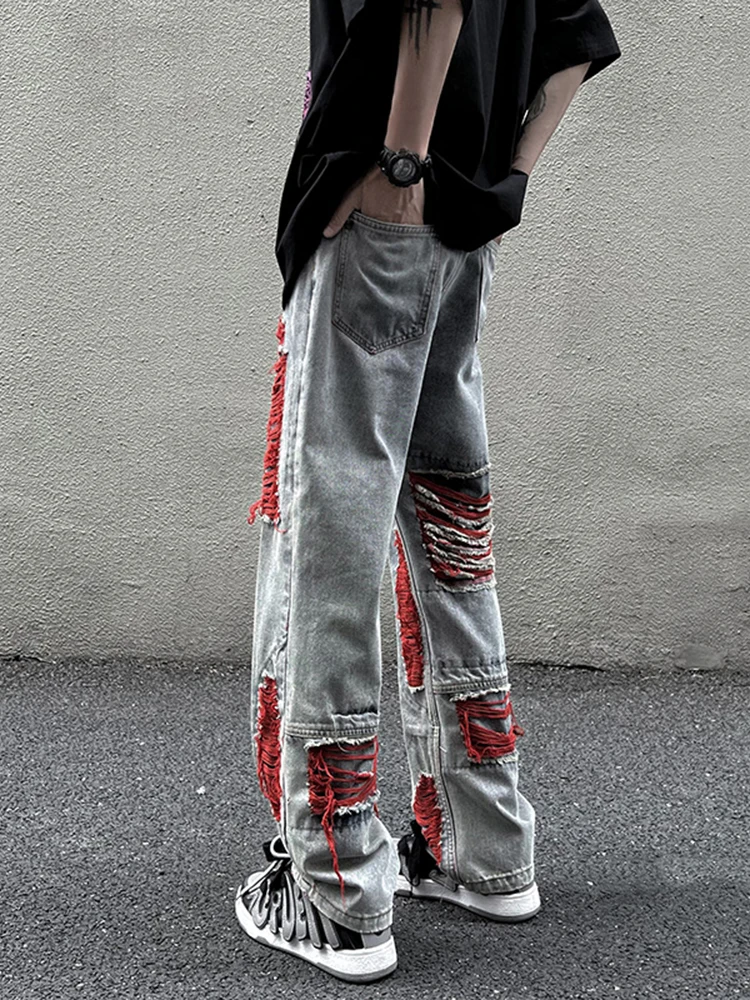 Men's High Street Jeans Four Seasons Design Straight Pants Trend Loose Wide Leg Ripped Pants Hip Hop Jeans Ins Hot Sale