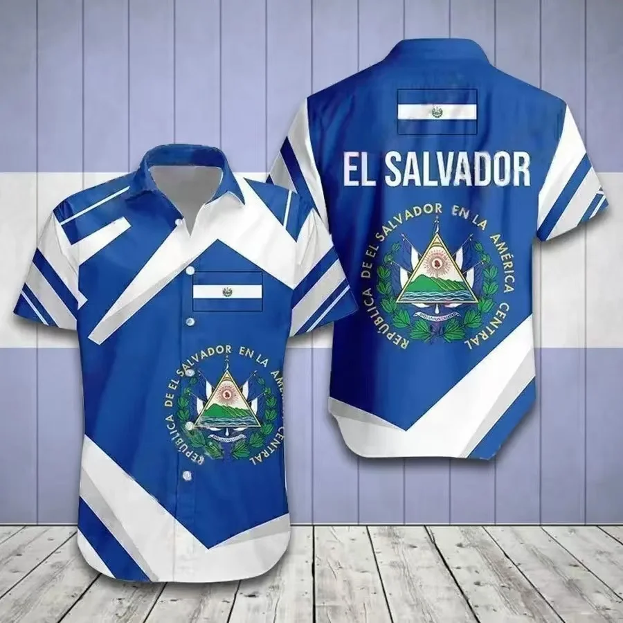 

2023 New Men's Shirt El Salvador National Emblem Print Hawaiian Polo Short Sleeve Shirt Unisex Clothing Men's Oversized Tshirt