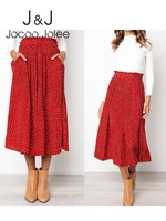 fashion red 2022 boho elegant polka dot print pleated women midi skirt y2k elastic waist pocket female trend dance long skirts