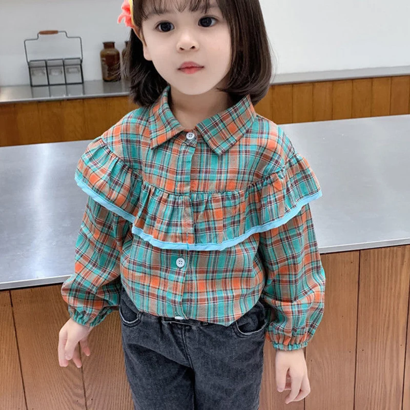

Baby Girls Plaid Print Long Sleeve T Shirts Korean Fashion Ruffles Causal Cute Oversized Blouse Children Harajuku Clothing Green