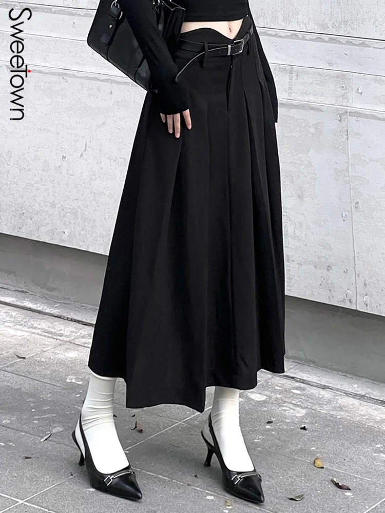 

Sweetown Korean Fashion Black Pleated Long Skirts Womens Irregular Curve Low Waist Elegant High Street Office Skirt With Belt