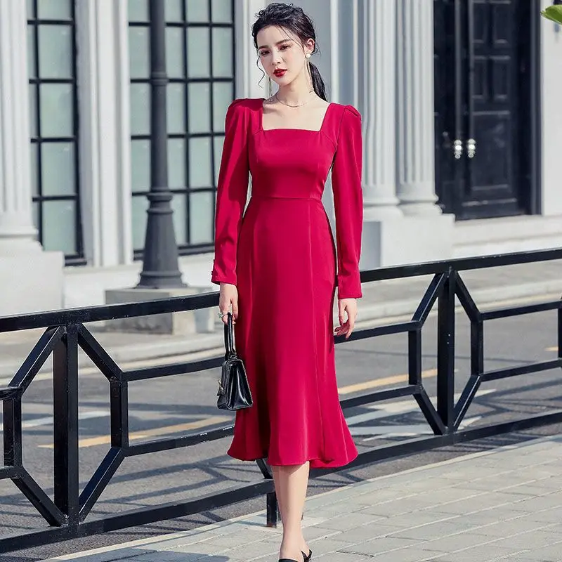 

Woman's Red Dress Slim Hip Fishtail Autumn Winter Ruffled Long Sleeve Square Collar Beautiful Dress Synthetic Fiber S-XL
