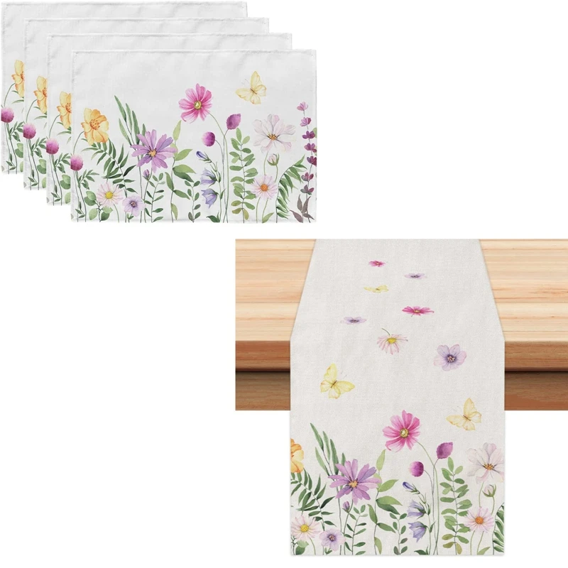 

Flower Butterfly Spring Table Runner, Seasonal Summer Kitchen Table Decoration Indoor Holiday Party Decor