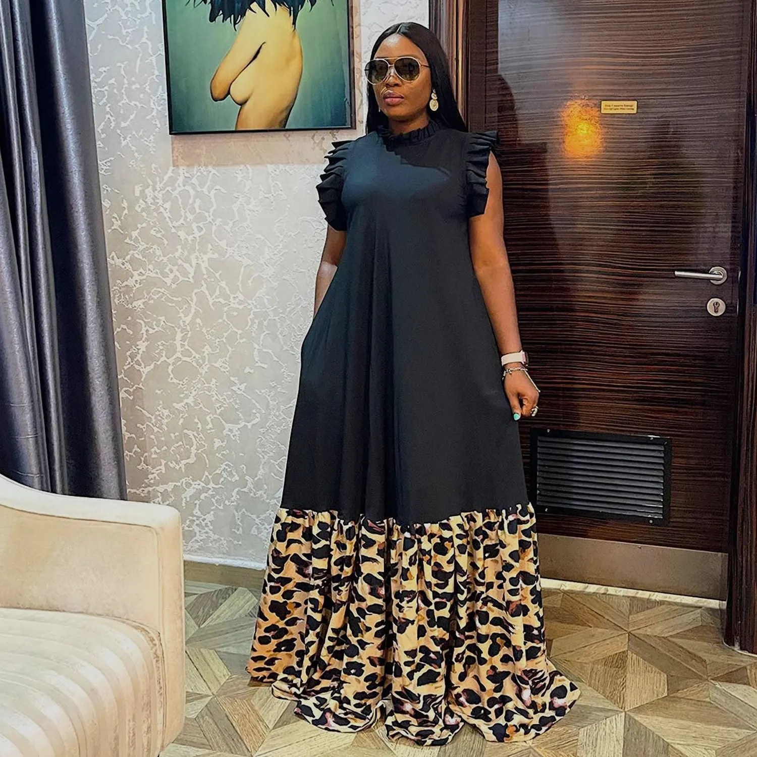

Women Elegant Round Neck Flying Sleeve Loose Casual Leopard Stitching Pleated Long Dress 2022 Summer Female