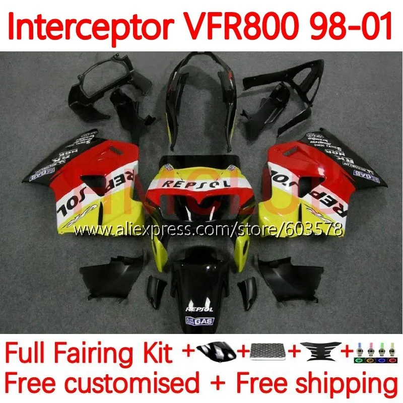 

Комплект для HONDA перехватчик VFR800 VFR 800RR 800 RR VFR800RR 1998 1999 2000 VFR800R 98 99 00 01 Repsol, красный обтекатель 122No.12