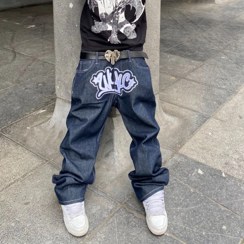 

Джинсы-багги Y2k мужские с вышивкой, винтажные мешковатые джинсы с надписью, свободные брюки с широкими штанинами, уличная одежда, весна