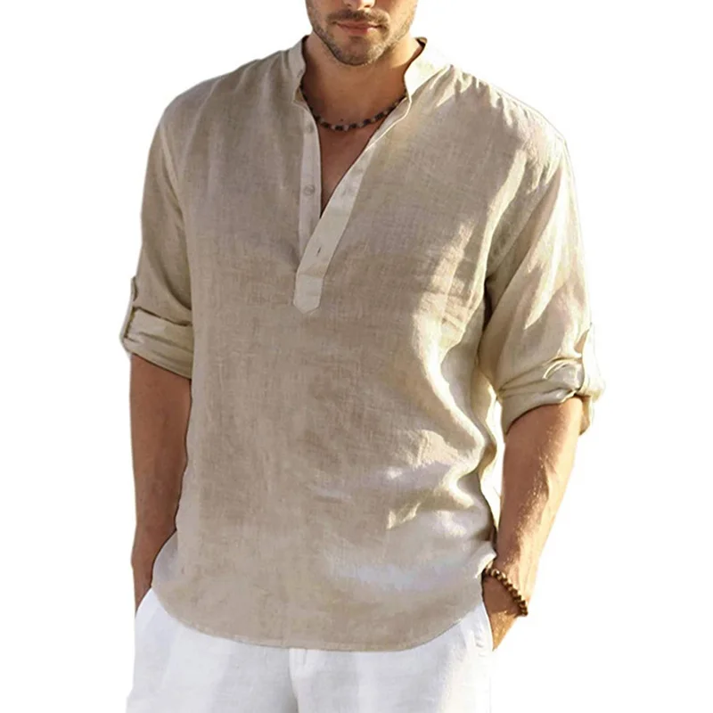 

2023 New Men Casual Tops Cotton Linen Loose Casual Shirt Long Sleeve Shirt Spring Autumn Solid Color Handsome Male Shirts