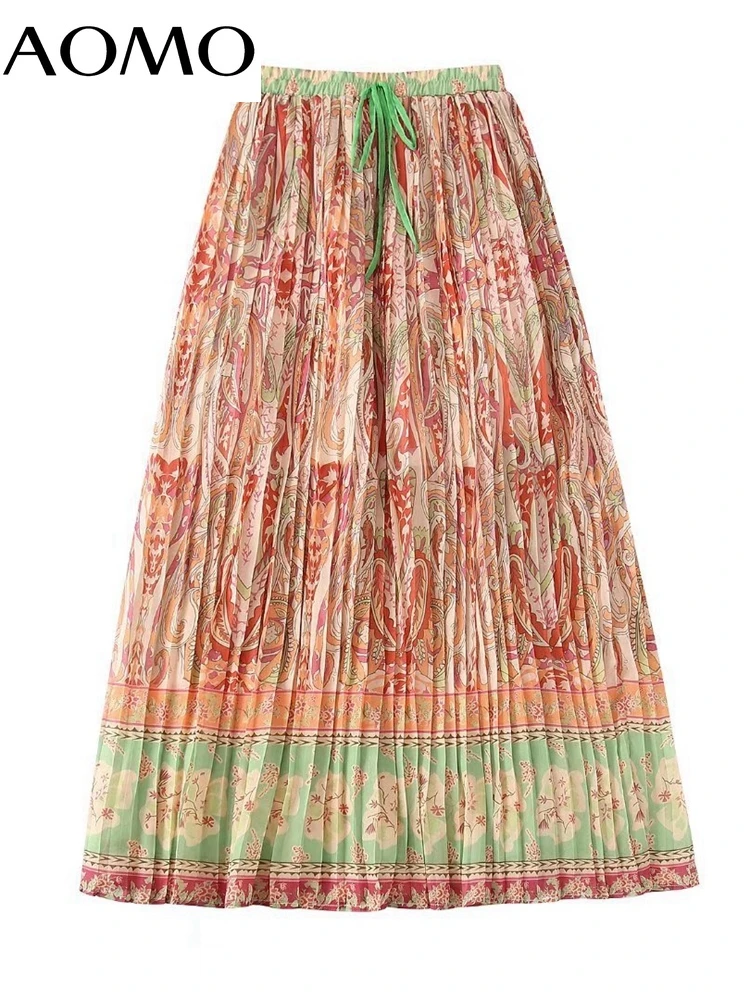 

AOMO 2022 New Women Boho Style Print Pleated Midi Skirt Strethy Waist Ladies Chic Mid Calf Skirts BE290A