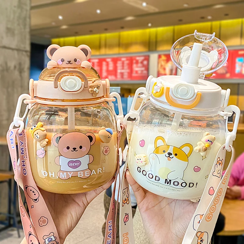 

Cute Bear Water Bottles For Girls Kids With Straw BPA Free Summer Large Capacity Juice Milk Bubble Tea School Sport Drinking Cup