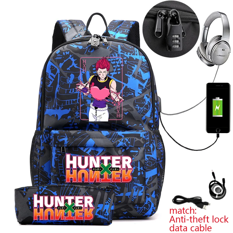 Фото Рюкзак Hunter x Hunter в стиле аниме для студентов, повседневный рюкзак с защитой от кражи и пеналом для мальчиков и девочек, школьная сумка №3