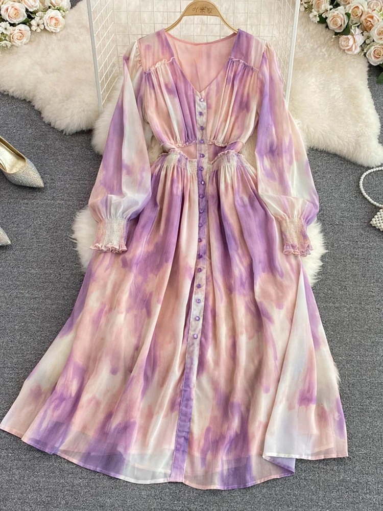

FMFSSOM Summer Fashion V-Neck Bubble Sleeve High Waist Slim Tie Dyed Printed A-Line Dress Elegant Casual Single Breasted Dresses