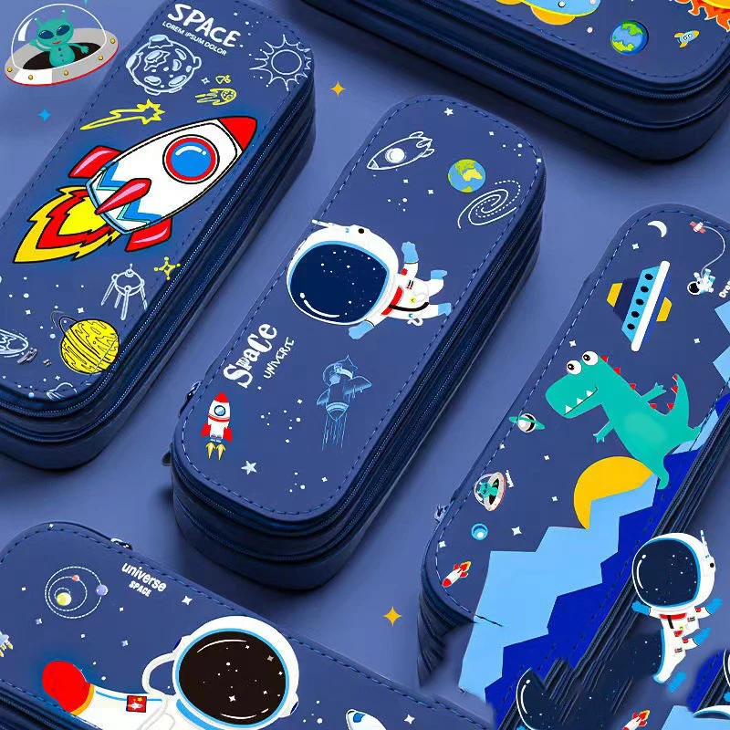 

New Blue Spaceship Boys Pencil Cases Double Layer Stationery Box 3D Space Dinosaur Pen Case for Kids School Supplies