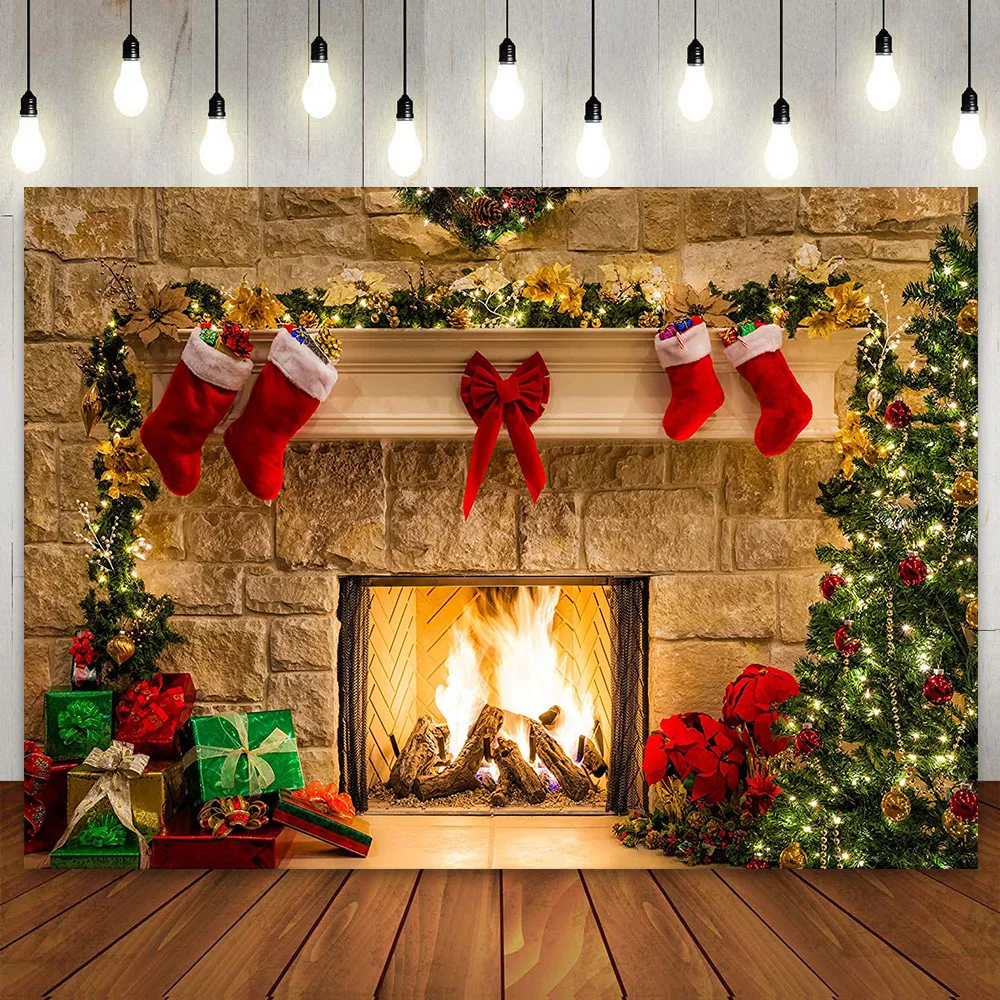 Merry Christmas Backdrop Interior Warm Fireplace Xmas Tree Photography Background Kids Family Party Wall Decoration Photoshoot