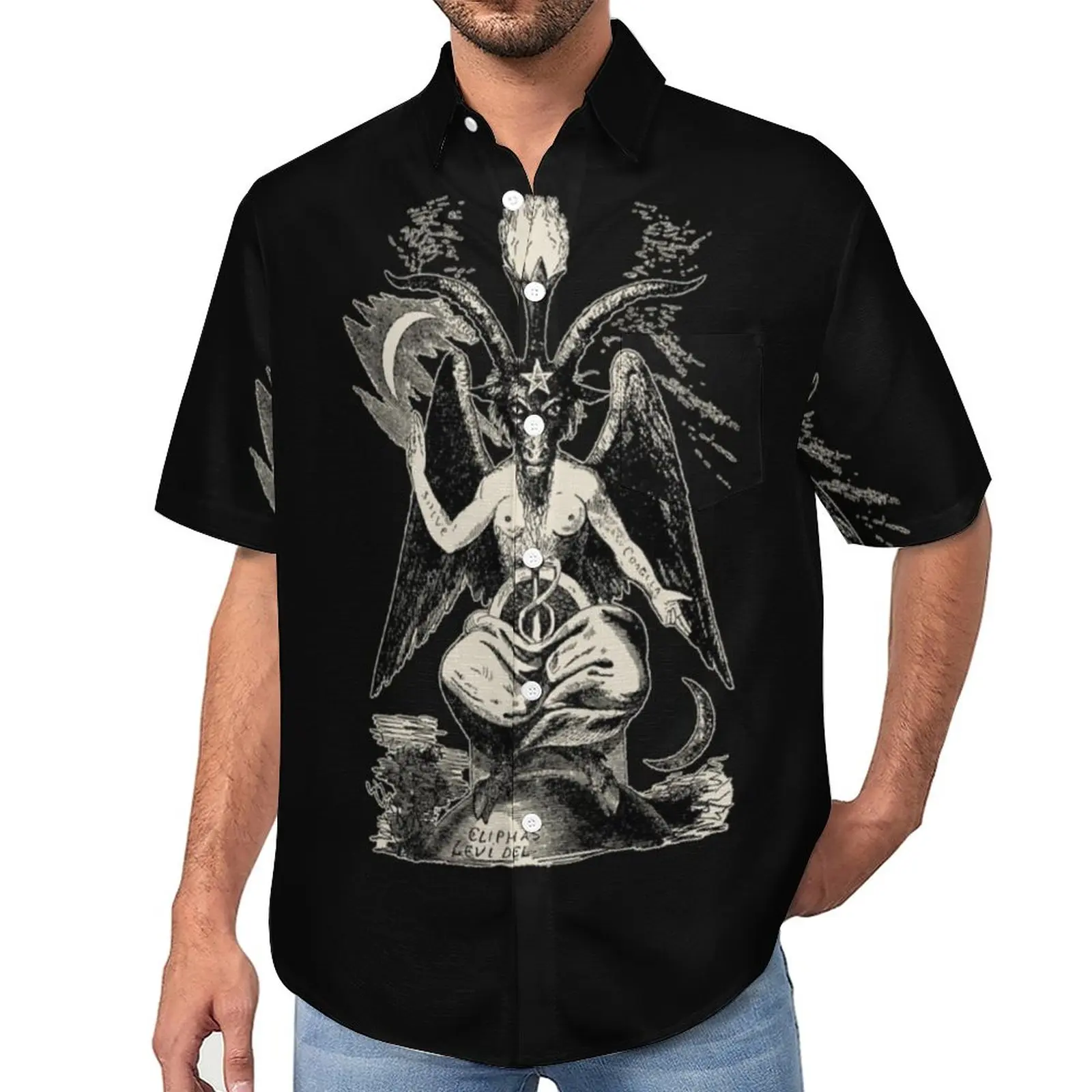 

Блузка Baphomet мужская с рисунком дьявола, Повседневная рубашка с V-образным вырезом, гавайская забавная Пляжная с коротким рукавом, идея для подарка