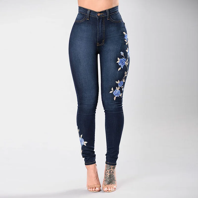 

New High Waist Jeans Woman Befree Stretchy Skinny Ladies Jeggings Flower Pants XXXL Size Embroider Jeans for Women Free Shipping