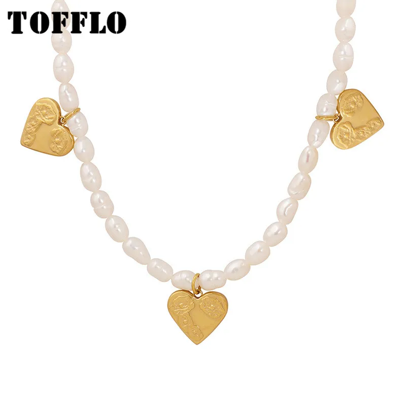 

TOFFLO Stainless Steel Jewelry Heart-Shaped Carved Pendant Necklace Women's Elegant Freshwater Pearl Collarbone Chain BSP1394