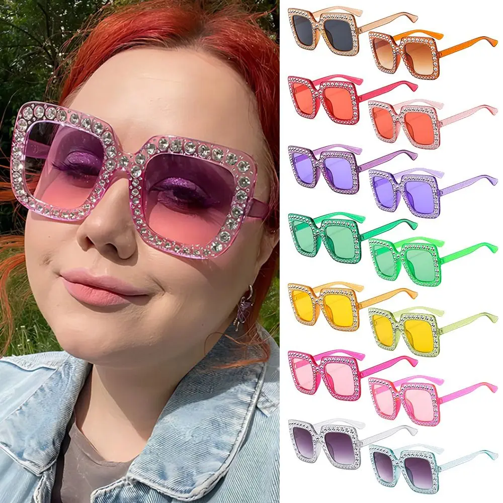 Big Frame Crystal Oversized Sunglasses Trendy UV400 Protection Square Eyewear Sparkling Diamond Sun Glasses Women