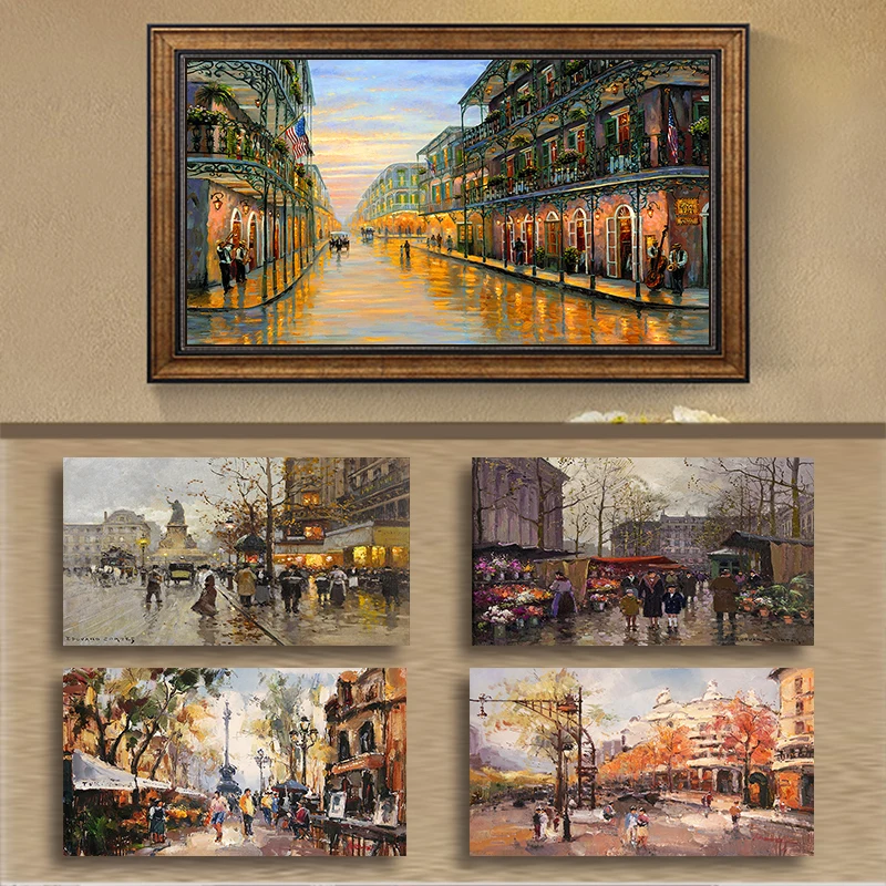 

European Retro Nostalgic Architecture City Street View Oil Painting Poster Canvas Printing Home Living Room Art Wall Decorations