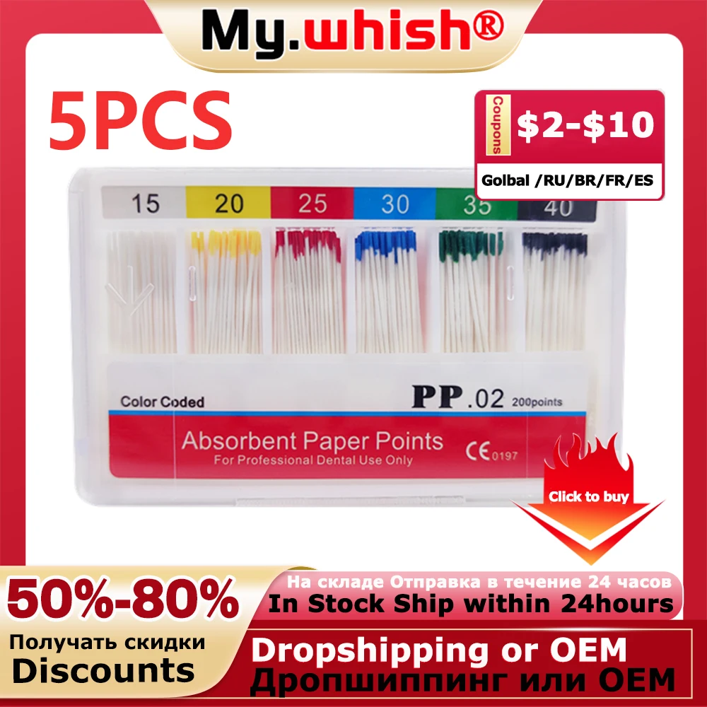 

5 Boxes Cotton Fiber Tips Dental Root Canal Endodontics Materials Dentistry Tools Absorbent Paper Points 02 #15 #40