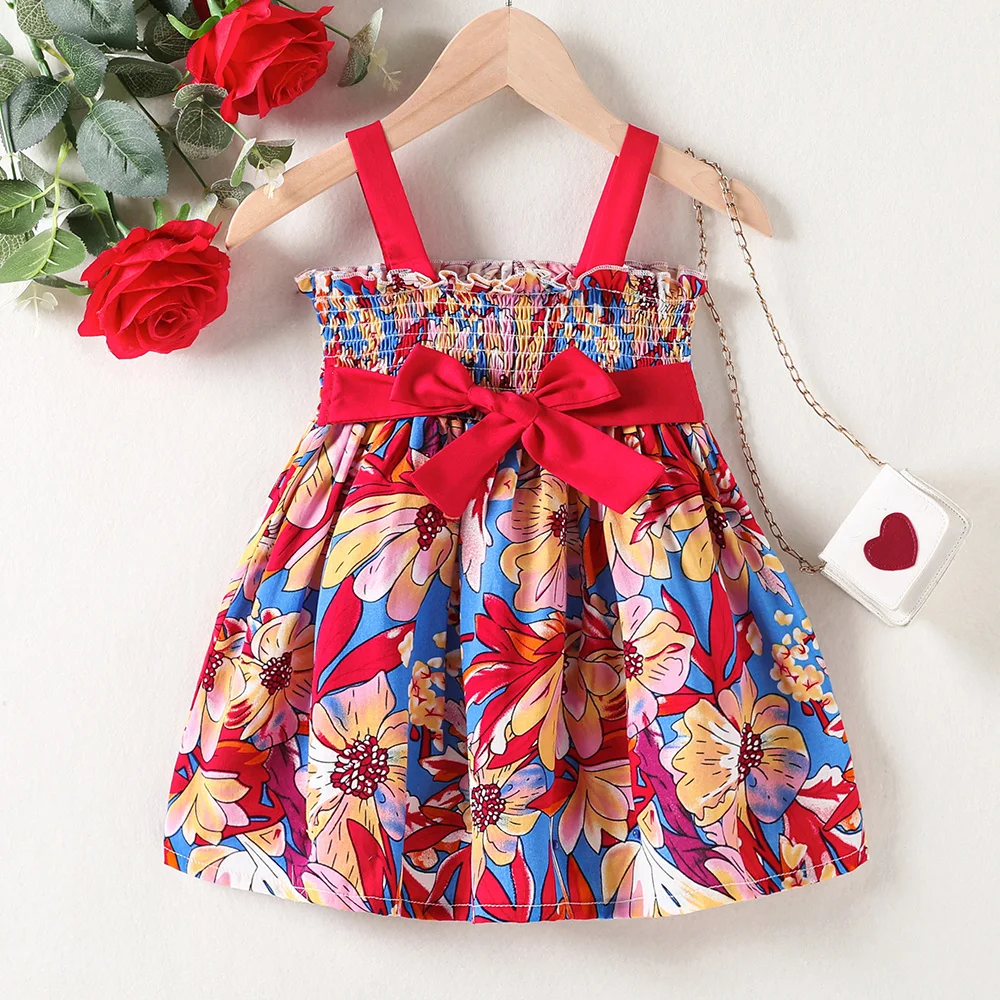 

Summer Baby Floral Print Ruffle Trim Shirred Bow Front Dress For Baby Girls Newborn Toddler Dresses Clothing
