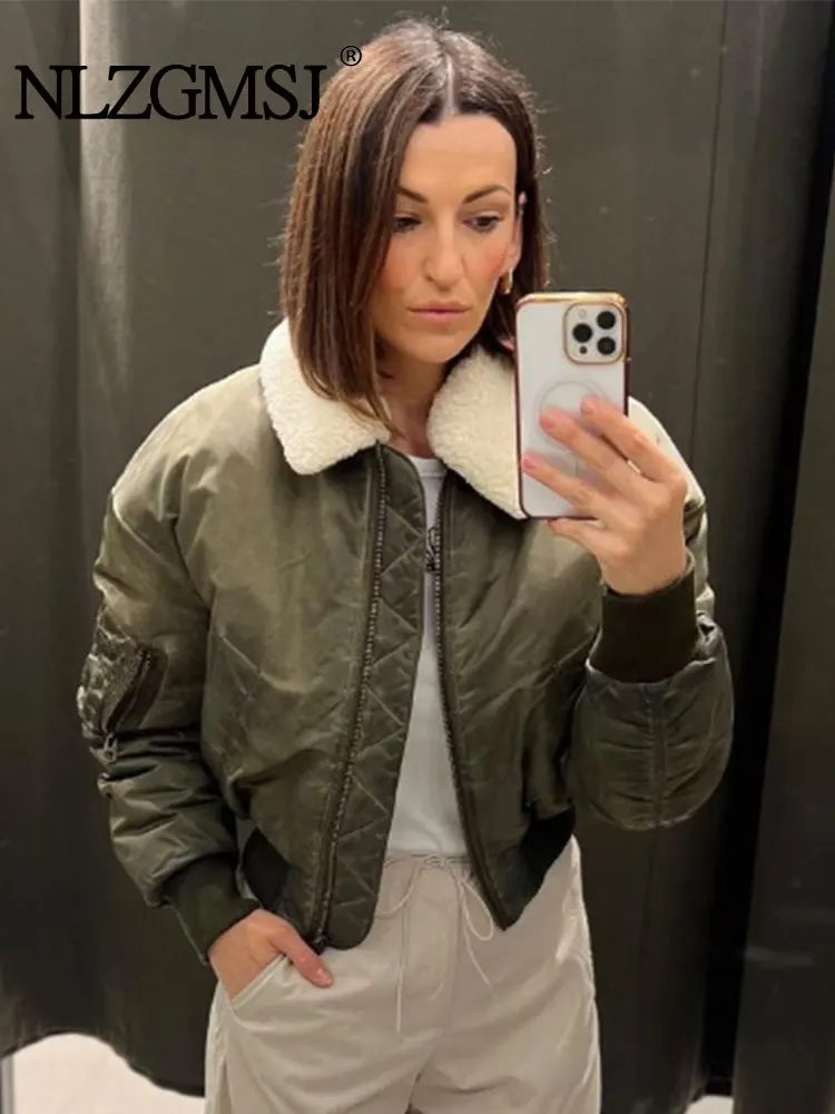 

Зимняя меховая парка Nlzgmsj TRAF, съемный воротник из искусственного меха овчины, с эффектом потертости, нейлоновая куртка-бомбер, стеганое пальто