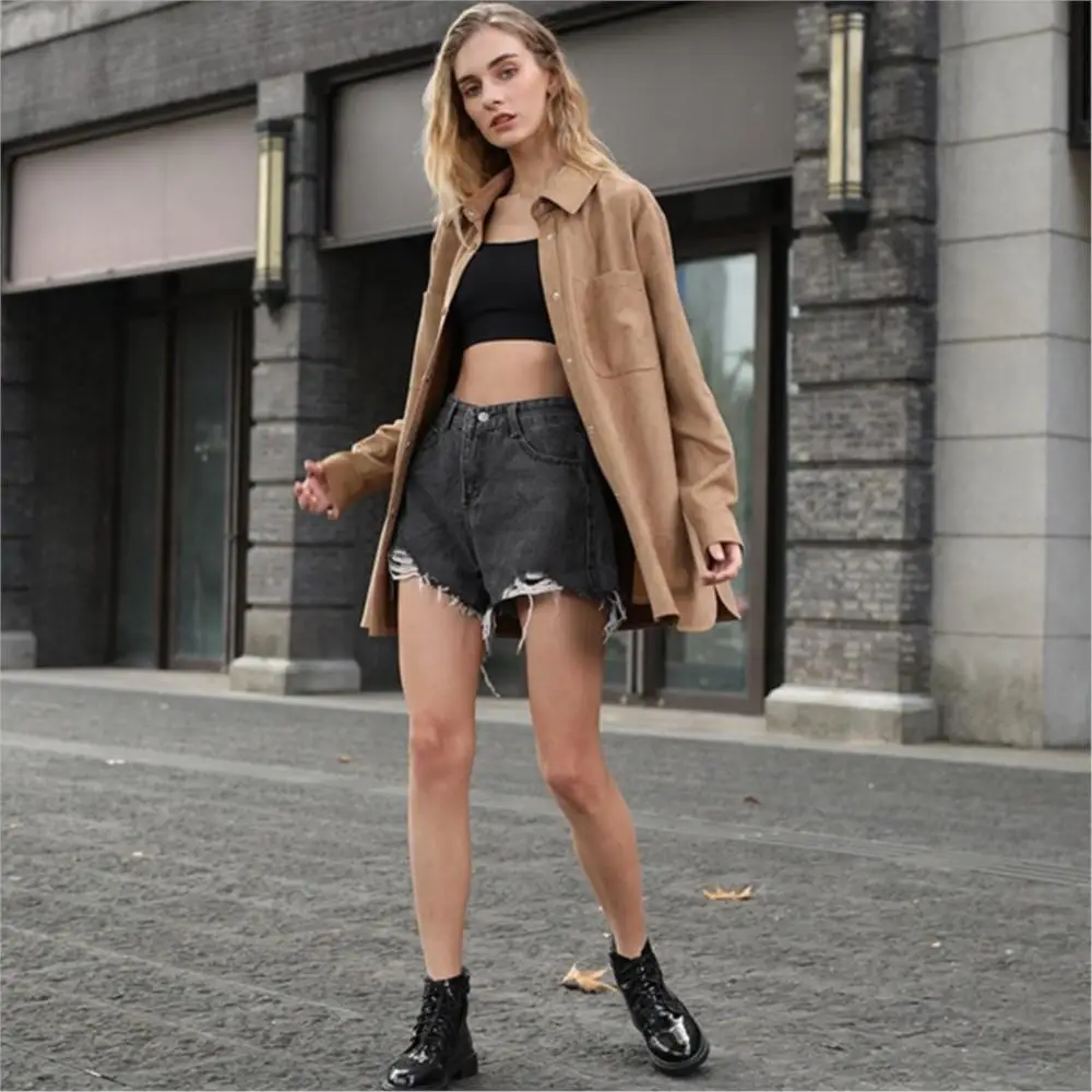 Fashion Woman Blouses 2022 Mid Length Real Suede Simple Pure Color Leisure Jacket Spring Autumn Lapel Women's Elegant Coat