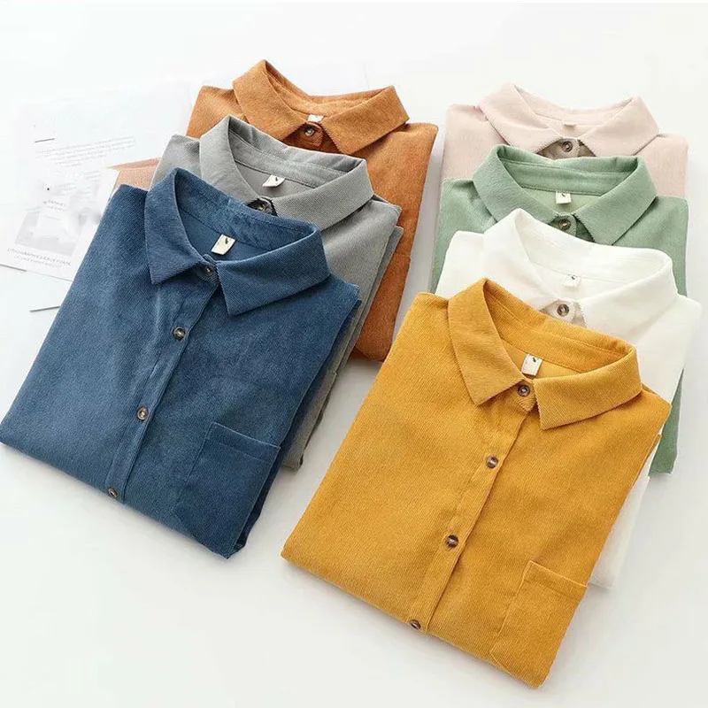 

Lucyever 2021 New Hot Corduroy Shirt for Women Loose Fresh Multicolor Casual Blouse Female Autumn Long Sleeve Button Blusas Tops