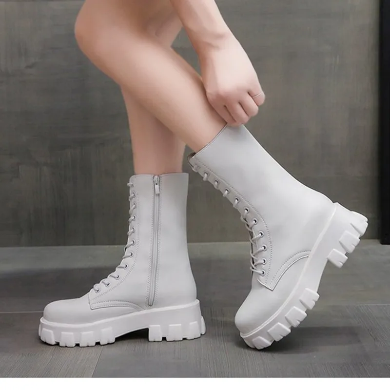 2022 Women Motorcycle Boots Wedges Flat Shoes Woman High Heel Platform PU Leather Boots Lace Up Women Shoes Black Boots Girls