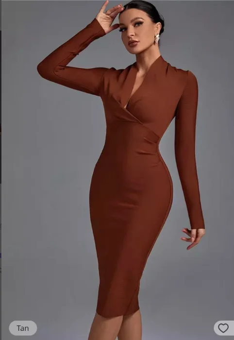 

Celebrity High Quality Brown Gold Long Sleeve V-neck Bodycon Rayon Bandage Dress Club Party Elegant Dress