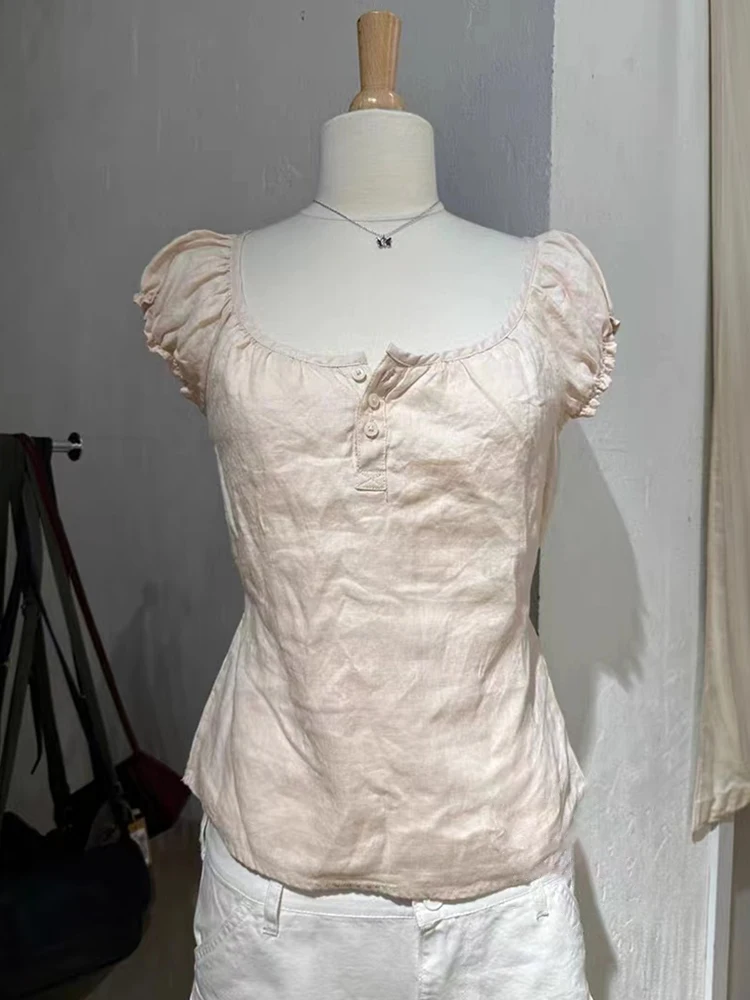 Женская блузка на пуговицах с круглым вырезом и рукавами-фонариками